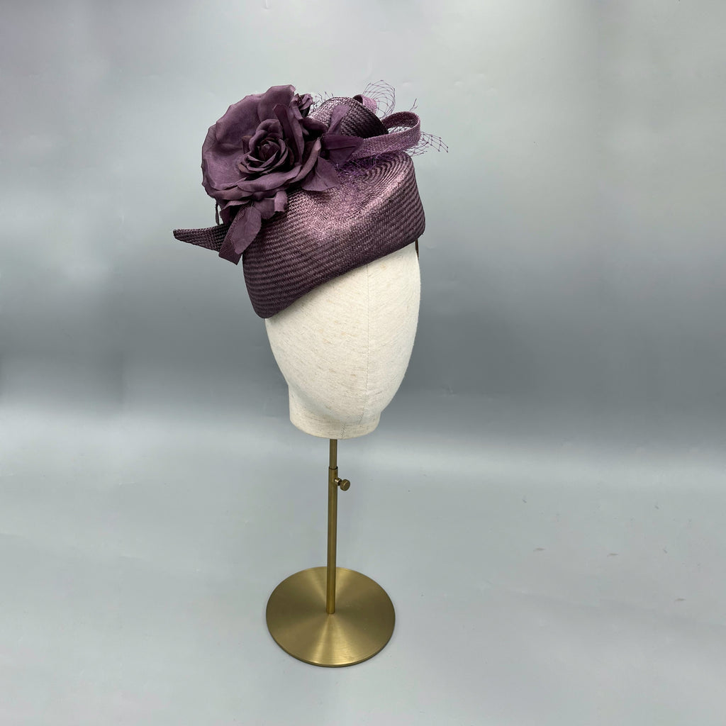 Aubergine purple parasisal teardrop wedding race day hat fascinator