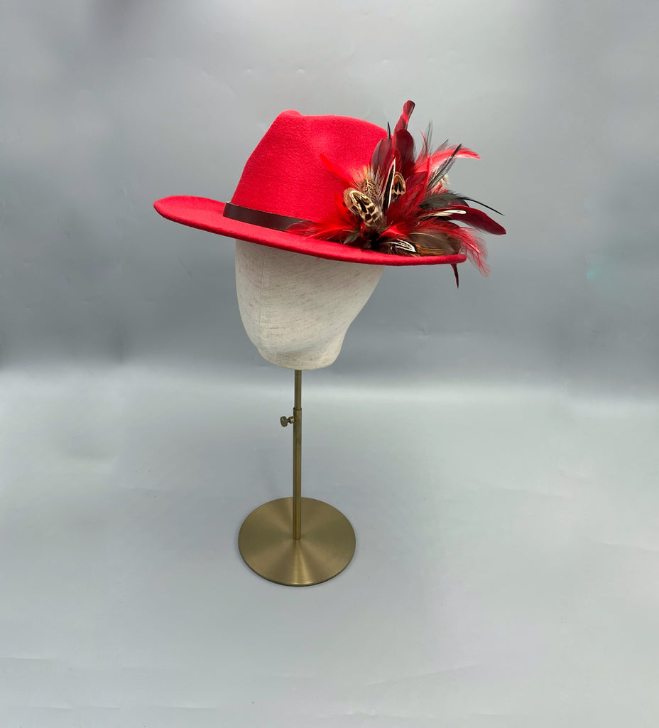Scarlet red fedora hat with feathers 