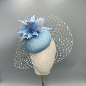 light blue and grey fascinator hat